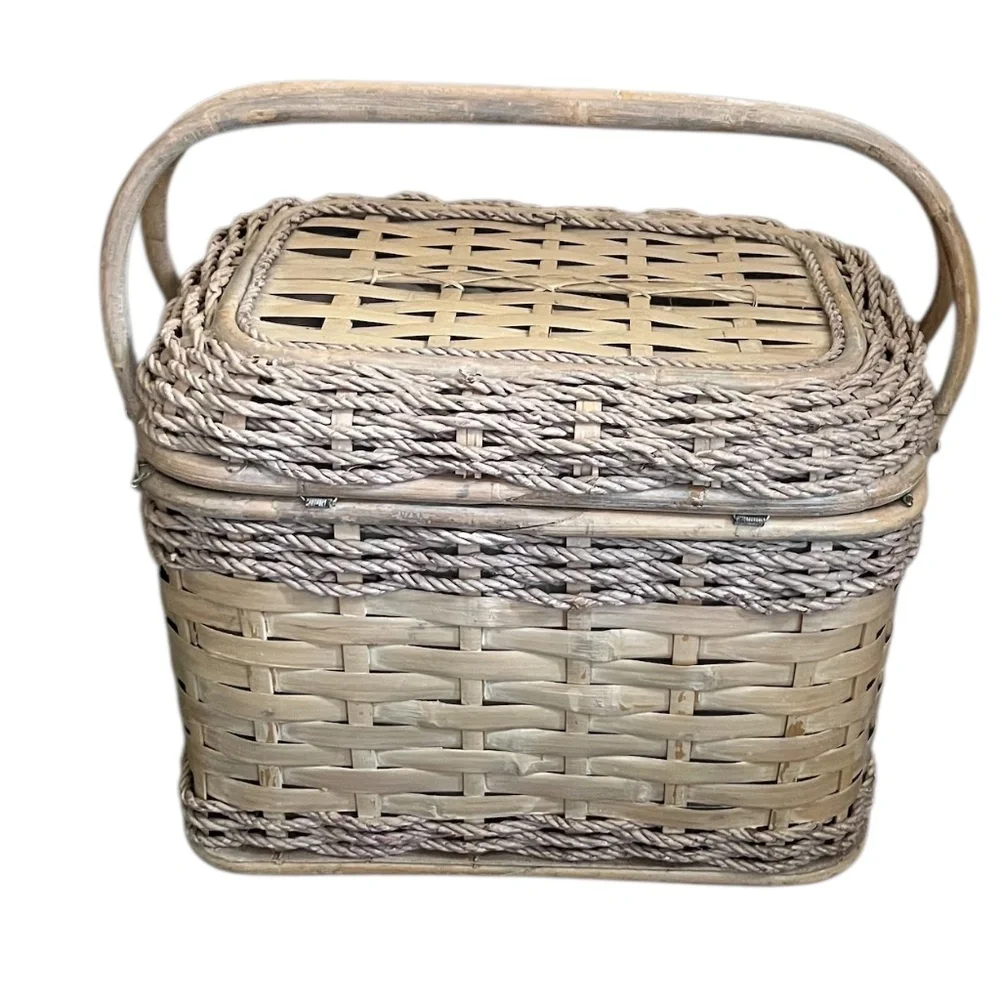 Vintage Large Pastel Rattan Picnic Basket with handles & food blanket